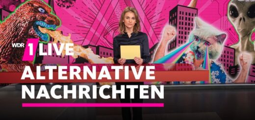 Nachrichtensprecherin umgeben von seltsamen Figuren